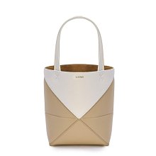 【LOEWE 羅威】Mini Puzzle Fold Tote 迷你 亮面小牛皮 折疊 托特包 肩背包 棉花白色 紙藝色