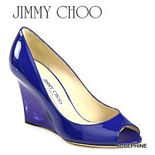 喬瑟芬【JIMMY CHOO】微瑕賠售出清~2012春夏 彩藍 漆皮革 85mm 楔型 露趾魚口鞋