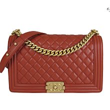 【巴黎站二手名牌專賣店】＊現貨＊CHANEL 香奈兒 真品＊經典BOY 勃根地紅羊皮 復古金釦鍊包 28cm