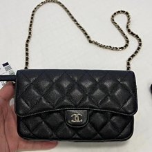 Chanel AP0296 O-Phone Holder with chain鍊帶荔枝紋手機卡包黑金鍊CC