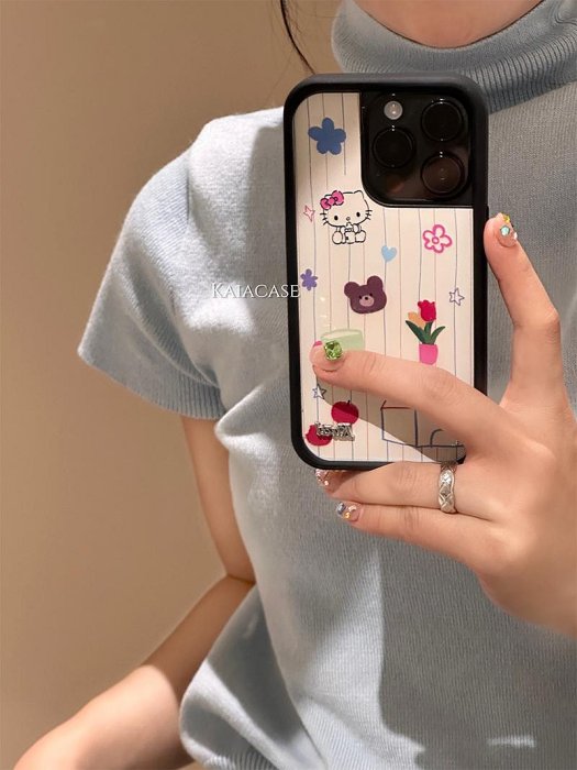 少女條紋HelloKitty適用蘋果15promax殼iphone14新款12軟邊硬背11女14pro創意13promax防摔套軟瑤瑤小鋪