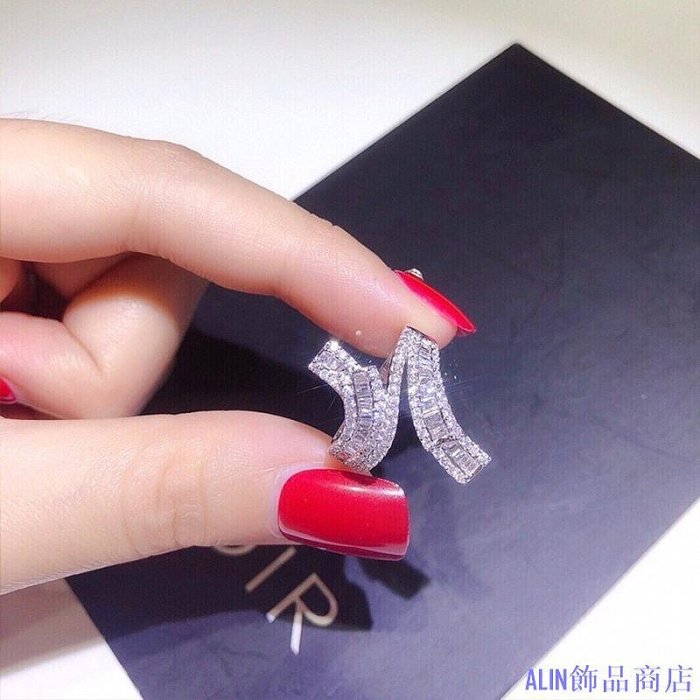 ALIN飾品商店Kuroze 時尚優雅氣質鍍鉑金滿鑽戒指個性幾何形鑽戒女戒