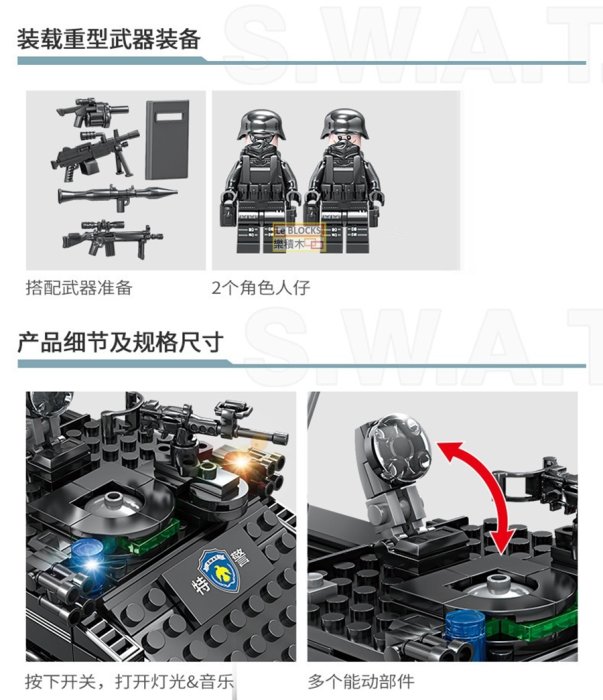 樂積木【預購】第三方 SWAT 裝甲車 非樂高LEGO相容 特戰 吃雞 特種部隊 反恐 軍事 積木 特警 警察