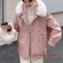 小V特賣館~ 歐單 CKK 新款 甜蜜粉色 可拆毛領 寬鬆休閒派克大衣外套 大碼 (E1629)