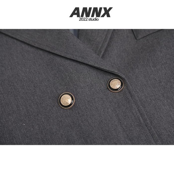 ANNX2023學院風新款灰色墊肩西裝短裙套裝簡約百搭外套女
