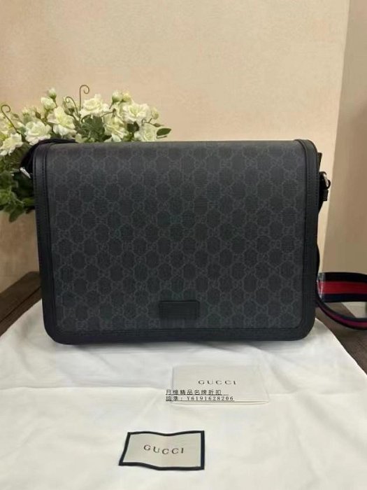 月憶精品 Gucci 古馳 黑花 雙G 郵差包 翻蓋單肩斜挎包 商務男包 公文包 474138