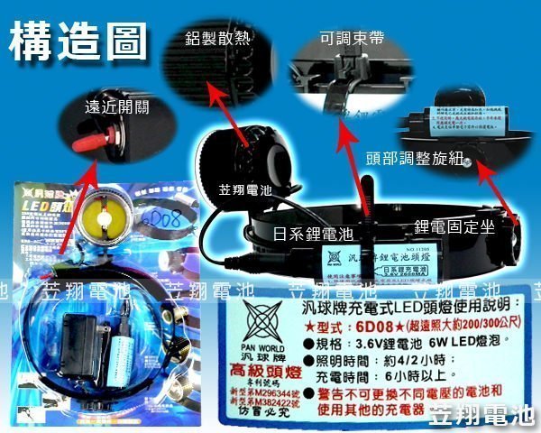 ☎ 挺苙電池 ►汎球牌 6W LED LED-6D08 (遠近兩段調整) 超亮型 登山頭燈 抓溪蝦 鰻苗 田園工作