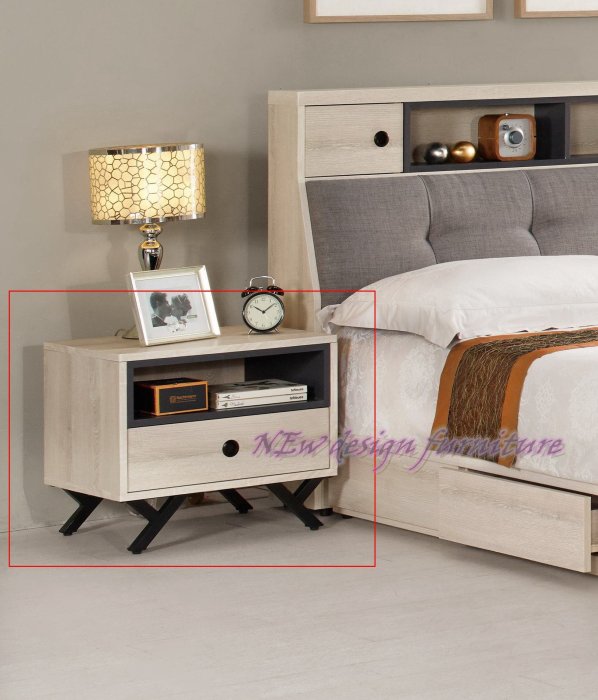 【N D Furniture】台南在地家具-木心板黑砂鐵腳座淺白橡色單抽床頭櫃/床邊櫃MC