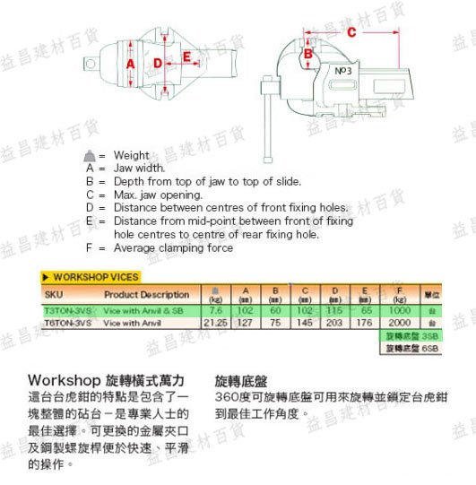 【台北益昌】握手牌 IRWIN Record 英國 力确牌 旋轉橫式萬力 T3TON-3VS+旋轉底盤