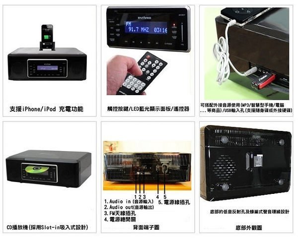 美國ENTIVEO iPod/iPhone/USB2.1音響系統(L797)送藍芽接收器及iPhone5轉接頭