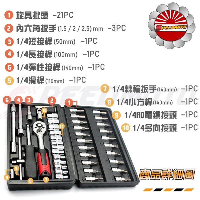 【Speedmoto】46件式 萬用 工具箱 套筒 緊急工具 工具組 螺絲 內裝 拆卸 DIY方便攜帶 土除 拉桿 燈泡