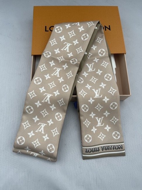 【翰貝格名牌館】全新真品 LV MONOGRAM MARBLES 卡其/米白 長絲巾 領巾 頭巾 M77531 預購