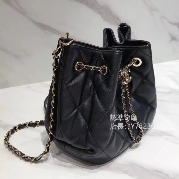 二手正品 CHANEL 黑色 荔枝紋 牛皮 菱格 金鏈 小型 束口水桶包 兩用包 AS0894 免運超讚