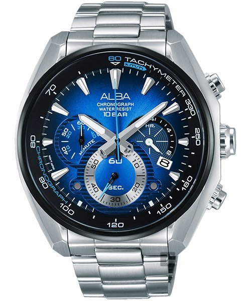 ALBA 雅柏 藍光三眼計時不鏽鋼腕錶/45mm/VK63-X027B