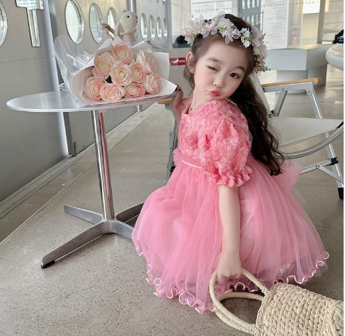 女童公主裙子夏季韓版洋氣小女孩泡泡袖花朵連衣裙女寶寶禮服紗裙