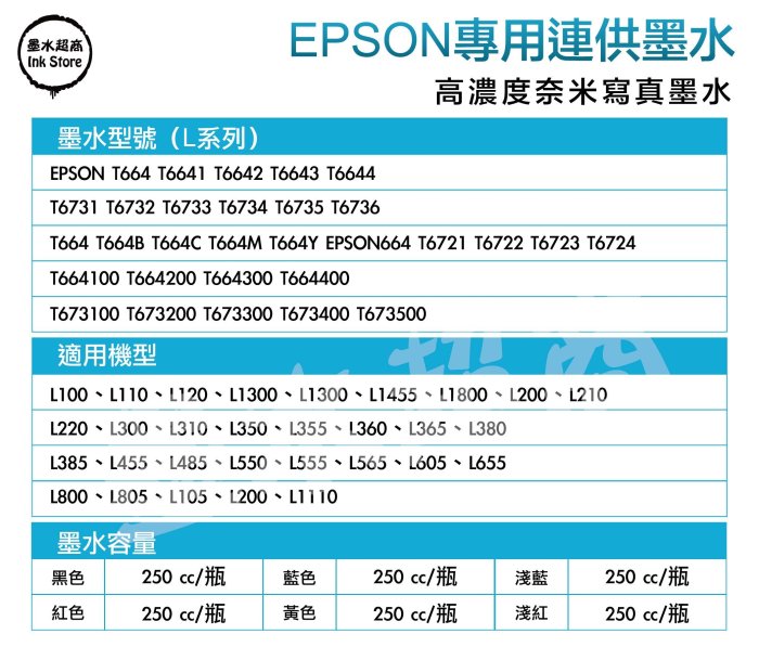 EPSON L系列 填充墨水 250cc/L565/L605/L800/L805/L1300/L1800/墨水超商