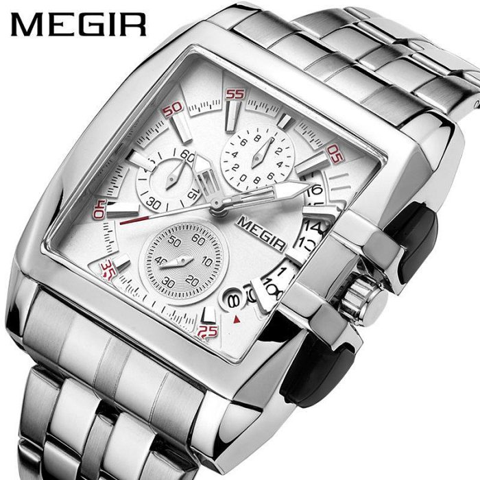 男士手錶 一件代發爆款美格爾MEGIR鋼帶男士手錶運動戶外男錶方形手錶2018