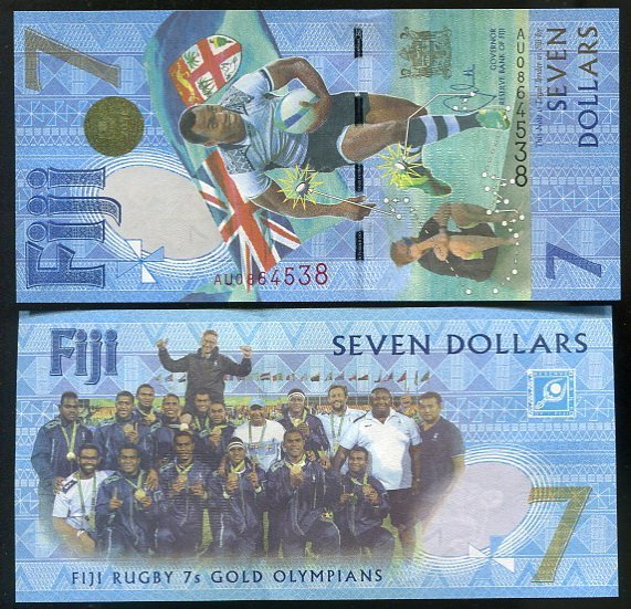 FIJI (斐濟紀念鈔), ,7-Dollars ,(2017) , 七人制橄欖球奧運金牌紀念 全新UNC