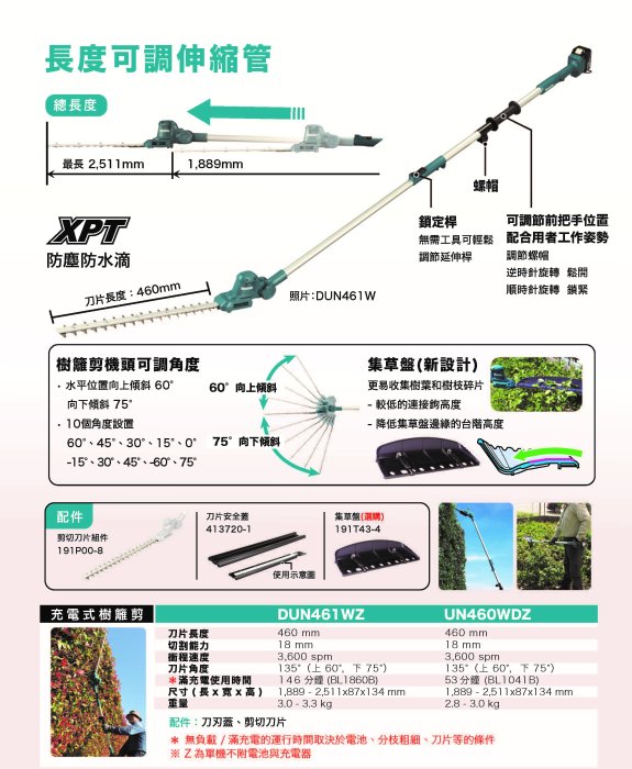 可刷卡分期 景鴻 公司貨牧田 DUN461WZ 充電式 樹籬剪 460mm 可調角度 單機 18V DUN461W 含稅