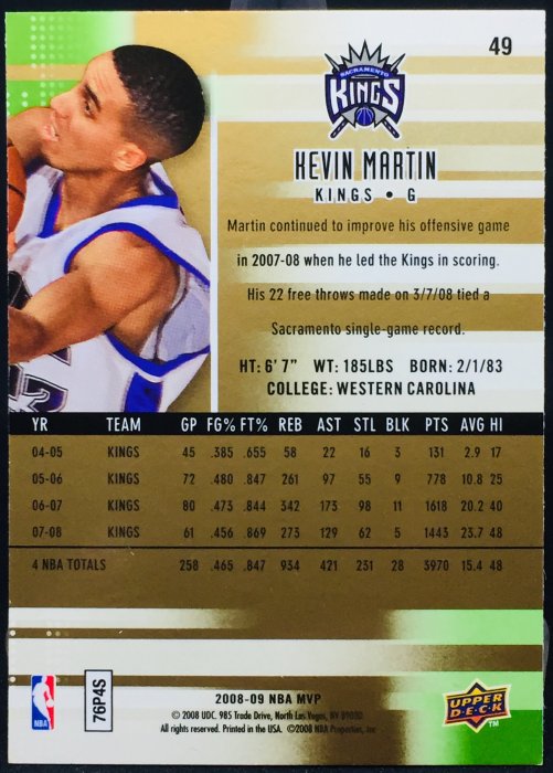 KEVIN MARTIN 2008-09 UD MVP #49 ULTIMATE VICTORY 銀箔特卡