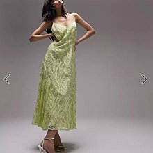 (嫻嫻屋) 英國ASOS-Topshop綠色蕾絲V領細肩帶中長裙洋裝禮服EC23