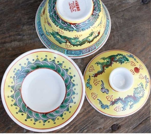 景德鎮 文革瓷器 老廠貨 陶粉彩手繪雙龍戲珠 茶杯普洱茶三才蓋碗
