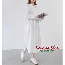 VENESSA~ 日單 時尚簡約設計 舒適顯瘦 女の中長開叉長袖襯衫裙 洋裝 大碼 2色 (P1575)