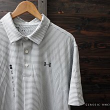 CA 美國運動品牌 UNDER ARMOUR 淺灰條紋 彈性休閒運動短袖polo衫 XL號 一元起標無底價P304