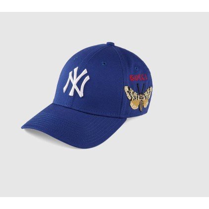【二手正品】 GUCCI 2018 秀款 洋基 聯名 蝴蝶 刺繡 限量 藍色 棒球帽 538565 現貨