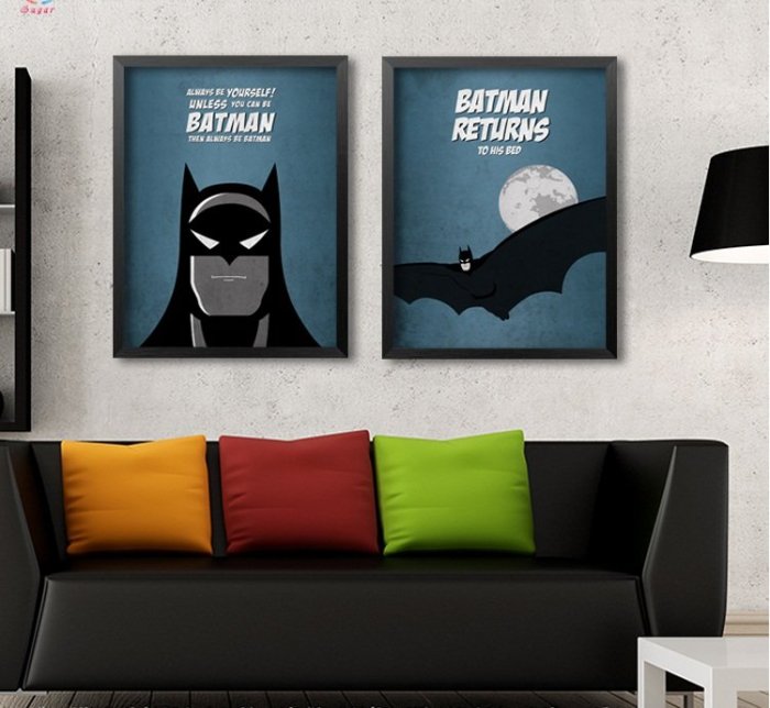衛生間裝飾畫酒吧創意掛畫個性卡通牆畫蝙蝠俠電影海報壁畫有框畫(7款可選)