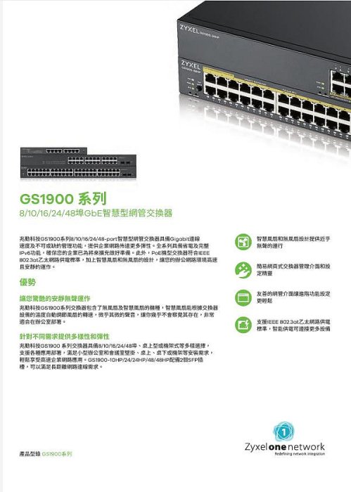 [全新品] ZyXEL合勤 GS1900-24 24埠 GbE智慧型網管交換器
