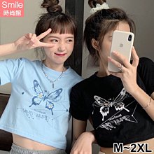 【V3790】SMILE-輕舞飛揚．蝴蝶印花短版露肚圓領短袖T恤