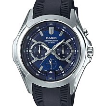 CASIO WATCH 卡西歐LED照明三眼功能銀色指針刻劃寶藍面膠帶石英腕錶 型號：MTP-E204-2【神梭鐘錶】