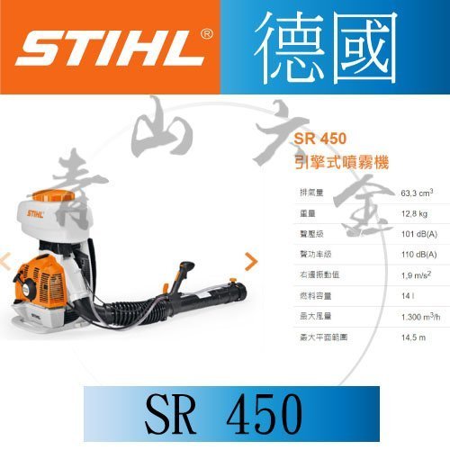 『青山六金』附發票 德國 STIHL SR-450 背負式 引擎噴霧機/ 施肥機/ 消毒機 可噴農藥 顆粒狀物體