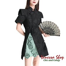 歐單 新款 改良式旗袍 時尚山本風 撞色拼接 暗紋盤花 立體修身俏麗兩件短洋裝 (U1428)