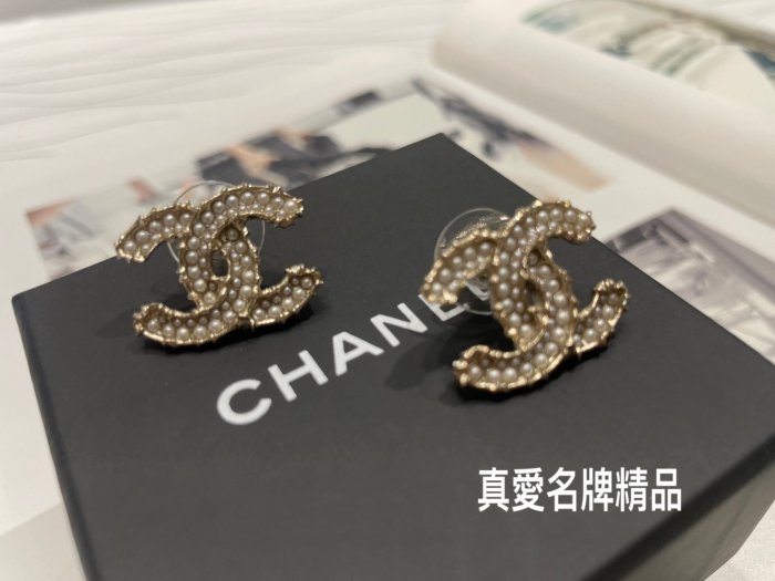 《真愛名牌精品》CHANEL AB3265  經典雙C 雙排珍珠  耳針式 耳環 *全新品*代購