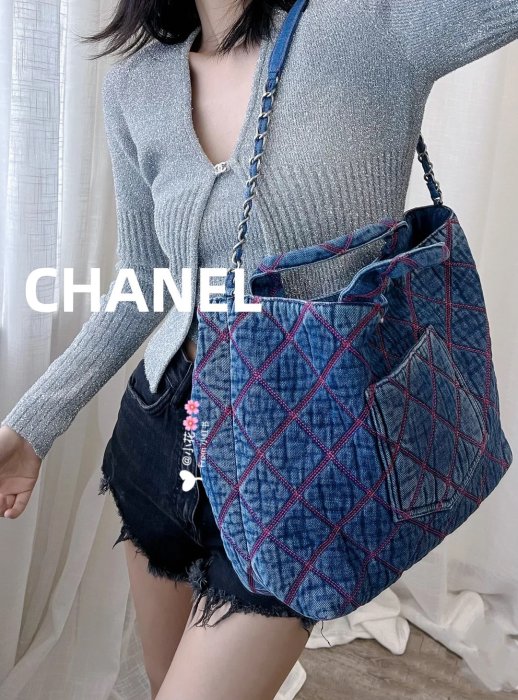 【翰貝格名牌館】全新真品 CHANEL 22M Coco beach 沙攤 系列 牛仔 托特包 tote bag 預購