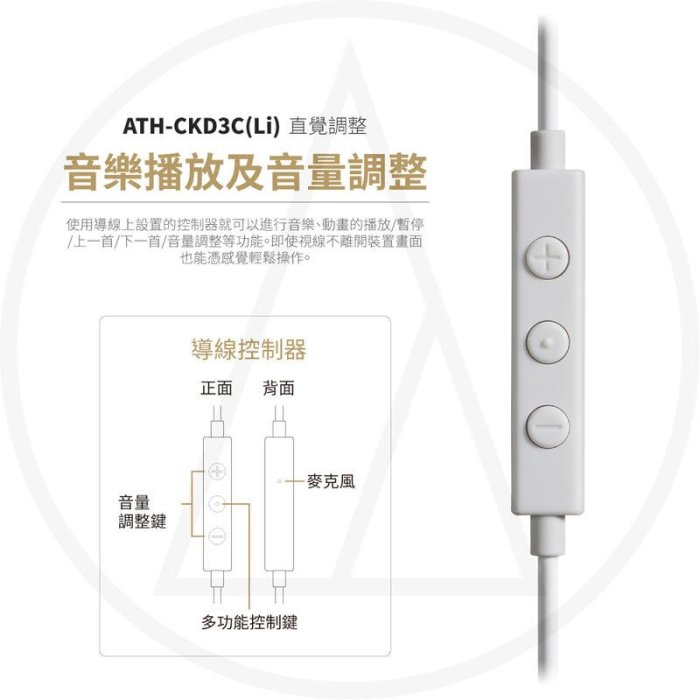 【張大韜】[送耳機袋+殼] 鐵三角ATH CKD3C 耳道耳塞式 USB Type-C接頭 手機電腦平板可用 線控通話