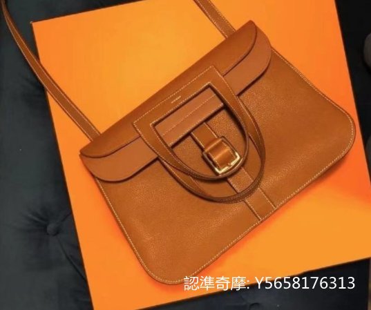 二手正品 HERMÈS Halzan 31cm 愛馬仕 駝色全皮金釦五用包 斜背包