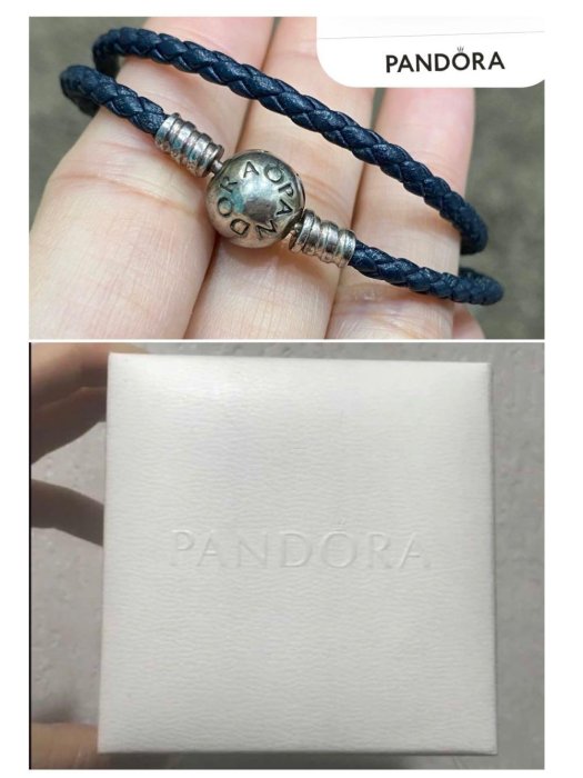 正品Pandora 潘朵拉 925純銀圓珠開扣式 雙圈皮革皮繩手鍊手環（黑藍色 ）