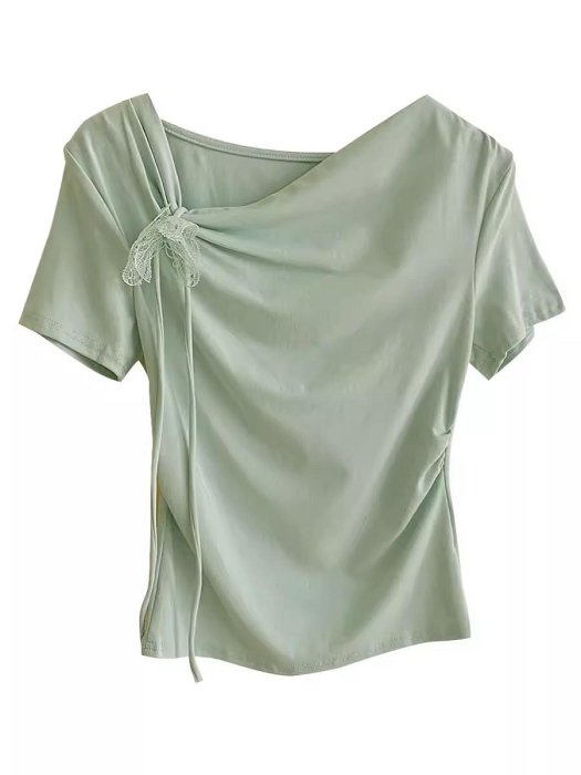 蝴蝶結繫帶斜領設計短袖薄荷綠T恤