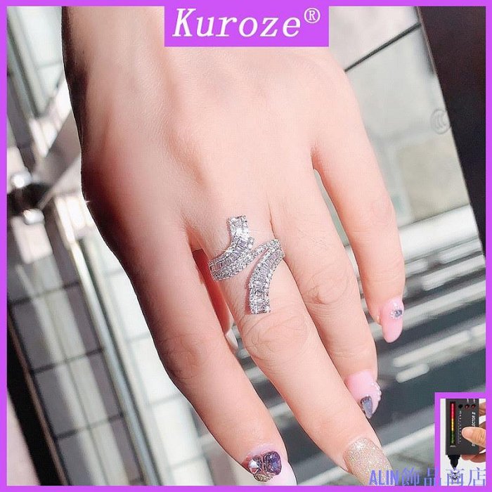 ALIN飾品商店Kuroze 時尚優雅氣質鍍鉑金滿鑽戒指個性幾何形鑽戒女戒