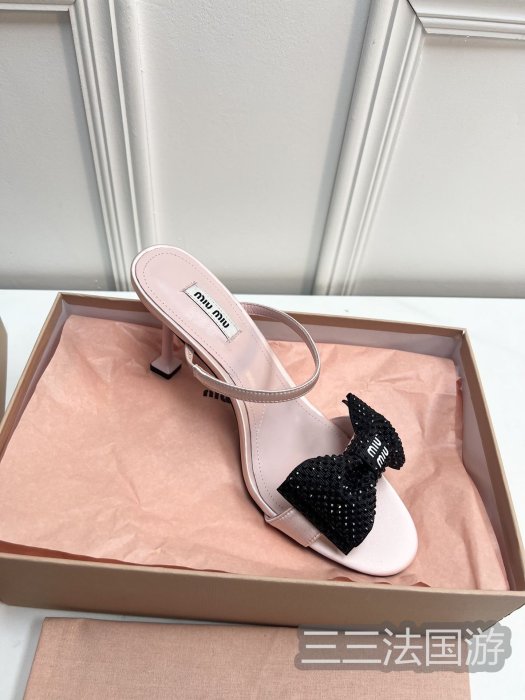 代購正品MiuMiu繆繆 23新品水鉆蝴蝶結徽標高跟鞋女士涼鞋單鞋