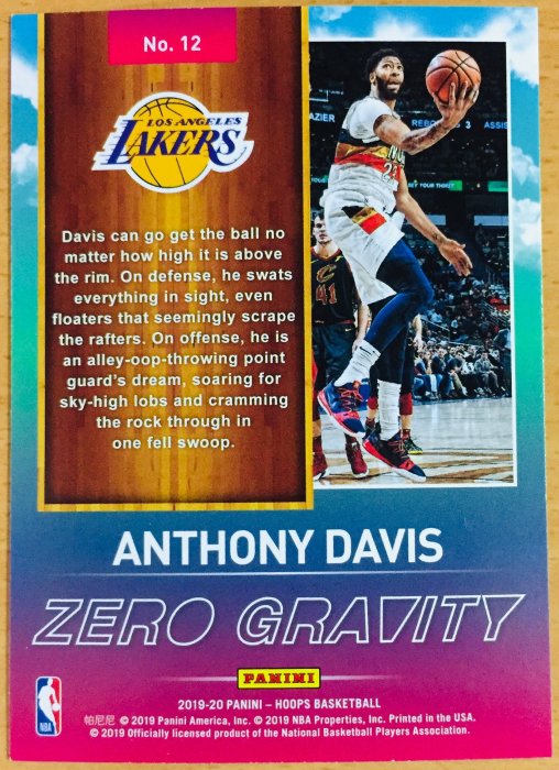 2019-20 PANINI HOOPS ANTHONY DAVIS #12 ZERO GRAVITY 特卡 鵜鶘隊