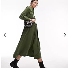 (嫻嫻屋) 英國ASOS-Topshop 綠色襯衫領長袖腰部綁帶中長裙洋裝 EI23