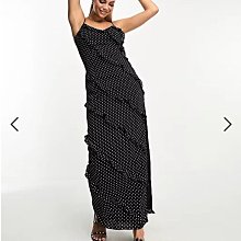 (嫻嫻屋) 英國ASOS-In The Style點點印花黑色V領細肩帶荷葉摺邊分層感長裙洋裝EE23