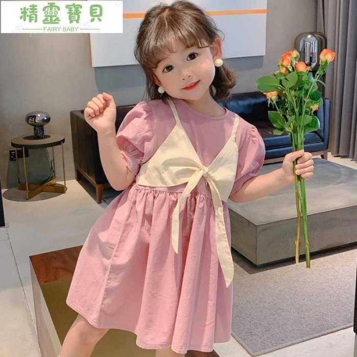 女童韓版洋裝  夏裝新款復古洋氣短袖裙子  兒童時尚假兩件-精靈寶貝