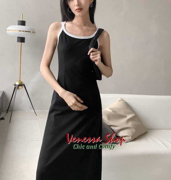 VENESSA~ CKK 新款 減齡撞色細肩帶 露背辣妹修身吊帶背心連身裙 洋裝 (R1316)