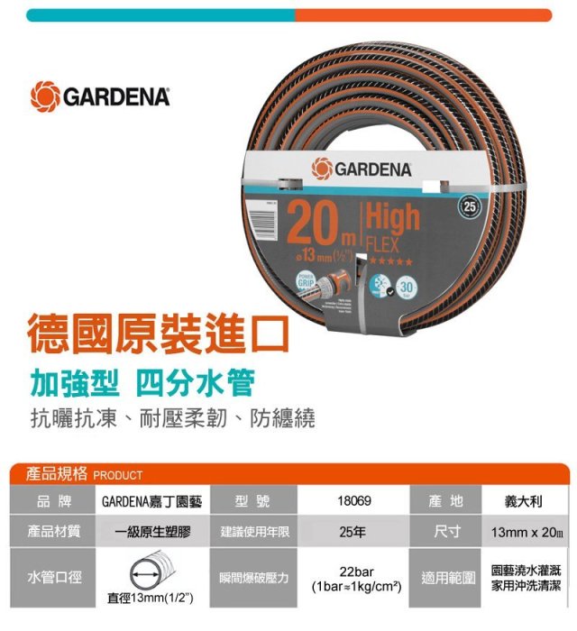 *艸衫居*Gardena  Carbon款 20米 高彈性水管 包紗水管 戶外水管 園藝水管(耐30bar)18063