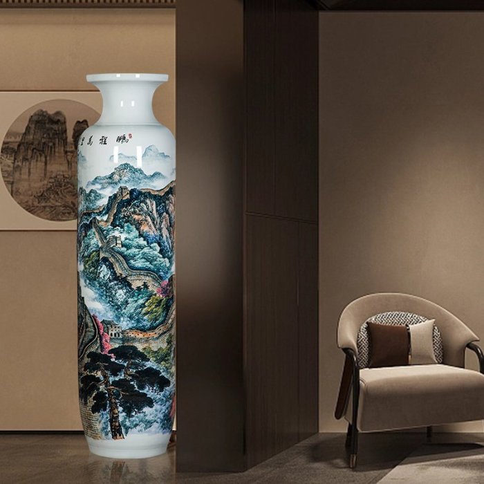 景德鎮陶瓷手繪長城大花瓶客廳擺件中式公司開業禮品花瓶擺件
